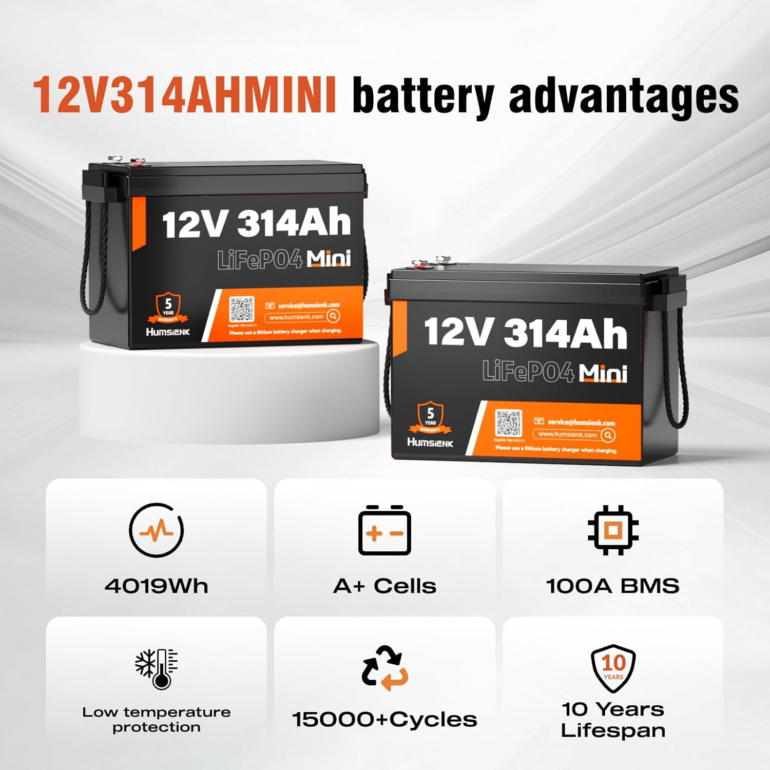 12V 314Ah LiFePO4 Lithium Battery Max. 4019Wh Energy, 15000+ Deep Cycles,100A BMS Lithium Iron Phosphate Rechargeable Battery Great for RV, Marine and Off Grid Applications, 2 PACK