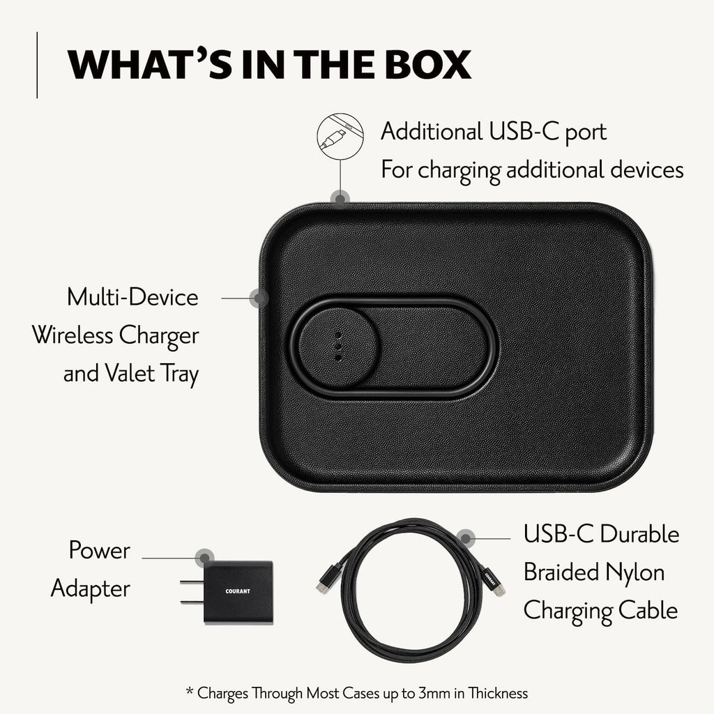 Courant MAG:3 Classics Charger and Tray - Italian Leather, Multi-Device Charger Compatible with MagSafe iPhones 16, 15, 14, 13, 12 or Wireless AirPod Cases (Black)