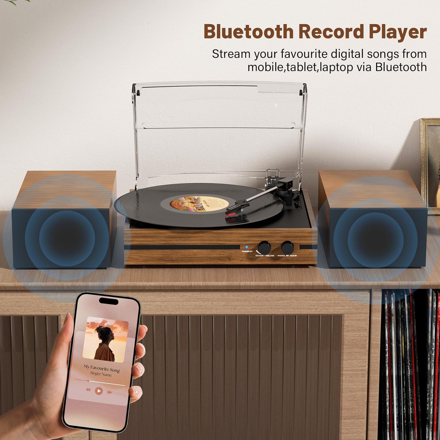 Vinyl Record Player with Dual Stereo Bookshelf Speakers Vintage Belt Drive Bluetooth Turntable with External Speakers,Convert Vinyl to MP3,LP Players AUX Headphone Input RCA Out,Brown