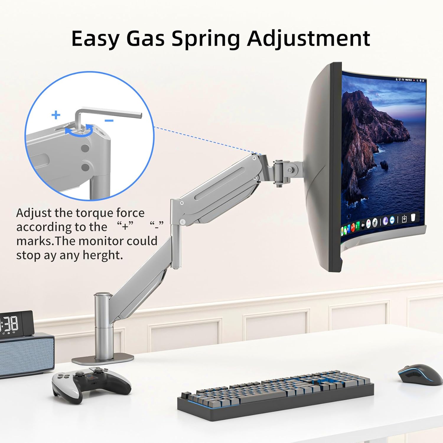 Suptek Ultrawide Monitor Arm Mount for 17 to 49 Inch Heavy Duty Curved Screen,Holds 46.2 lbs,Adjustable Gas Spring Monitor Arm Desk Mount Stand,75/100 Vesa Mount,Silver(MD71LS)