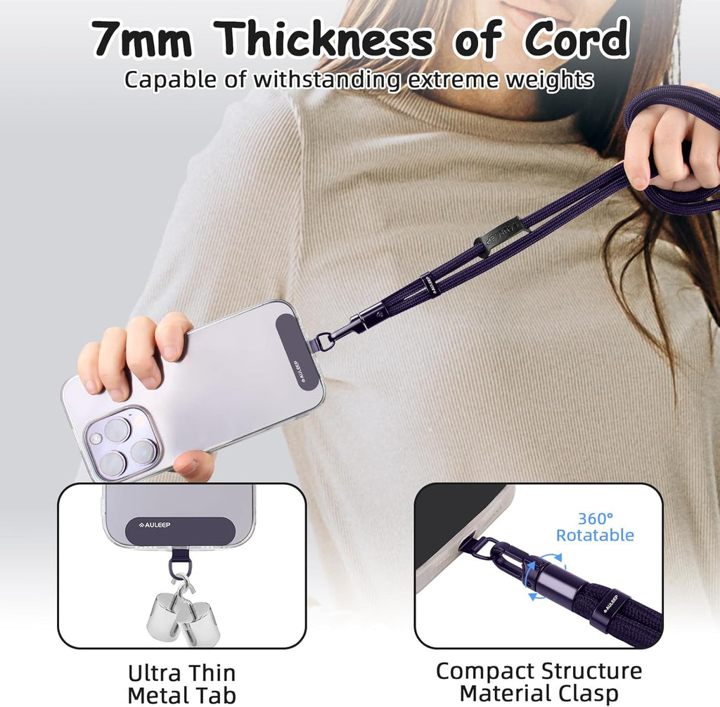 AULEEP Universal Phone Lanyard Corssbody, Anti-theft Phone Strap for Women and Men, Adjustable Cell Phone Neck Lanyard for all iPhone and Smartphone, with 2 Phone Tethers (Metal & Plastic), Purple