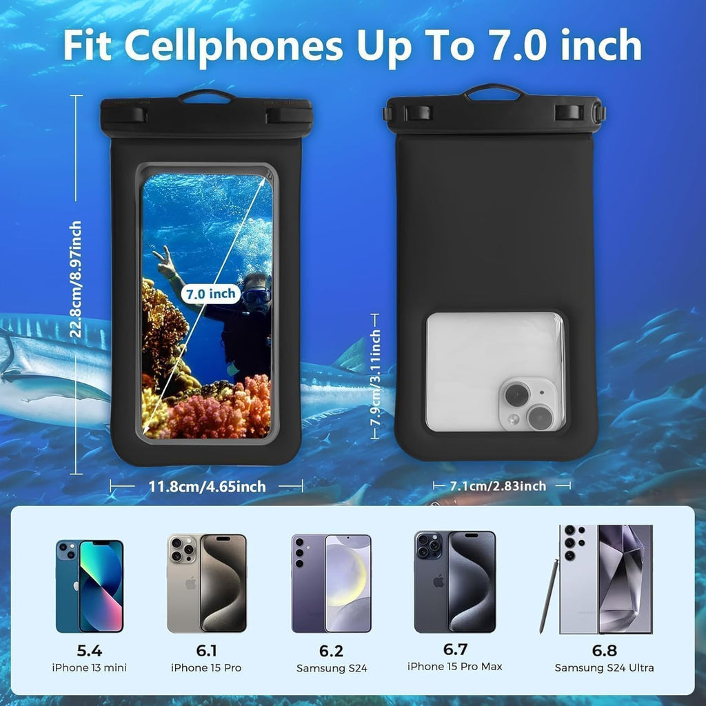 Floatable Waterproof Phone Pouch/Case with Crossbody Lanyard for iPhone 16 Pro Max/15 Pro/14/13/12, IP68 Cellphone Dry Bag Beach Cruise Ship Essentials, 1 Pack-Black-7″