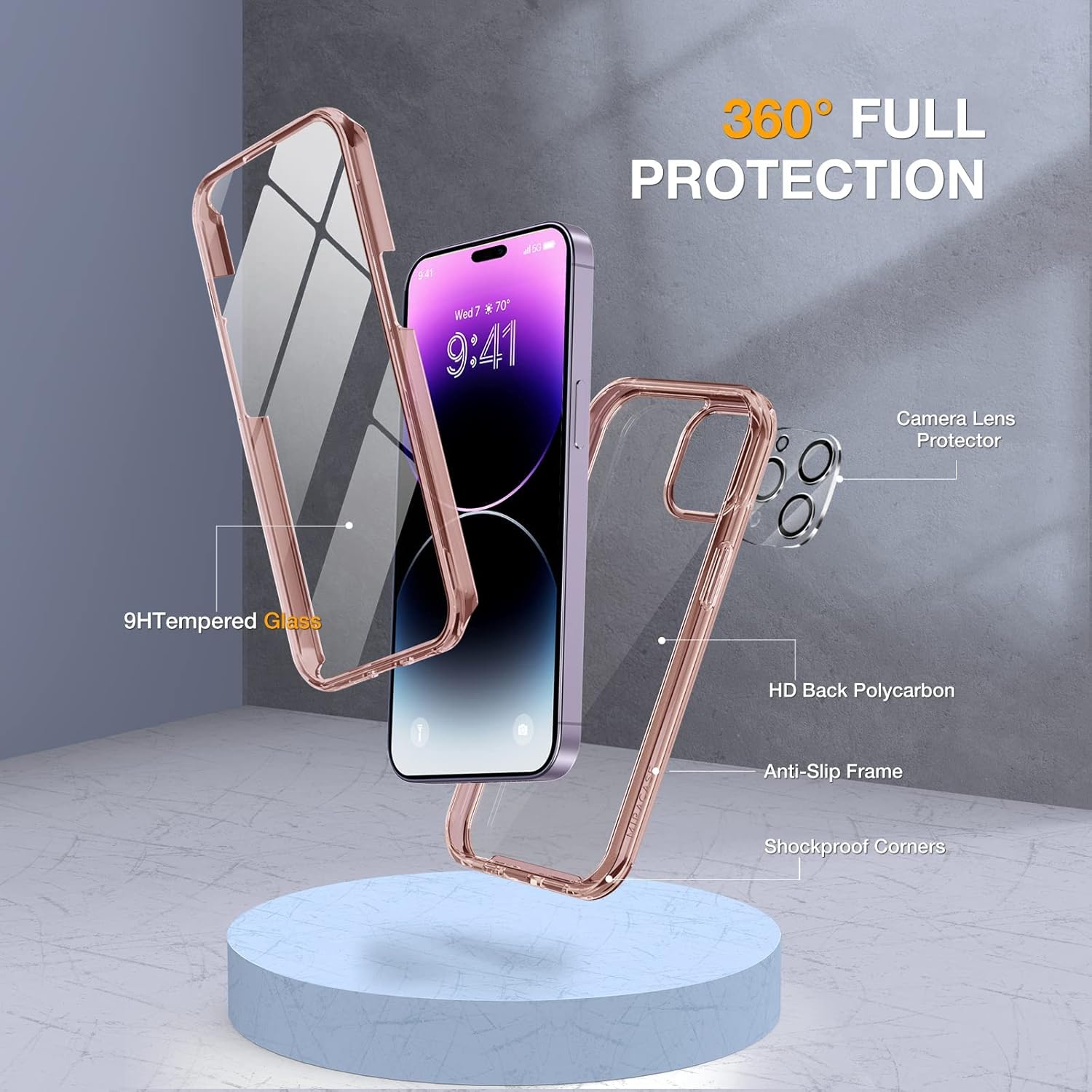 Miracase Glass Series Designed for iPhone 14 Pro Max Case 6.7 Inch, Upgrade Full-Body Bumper Case with Built-in 9H Tempered Glass Screen Protector, with Camera Lens Protector, Clear Pink