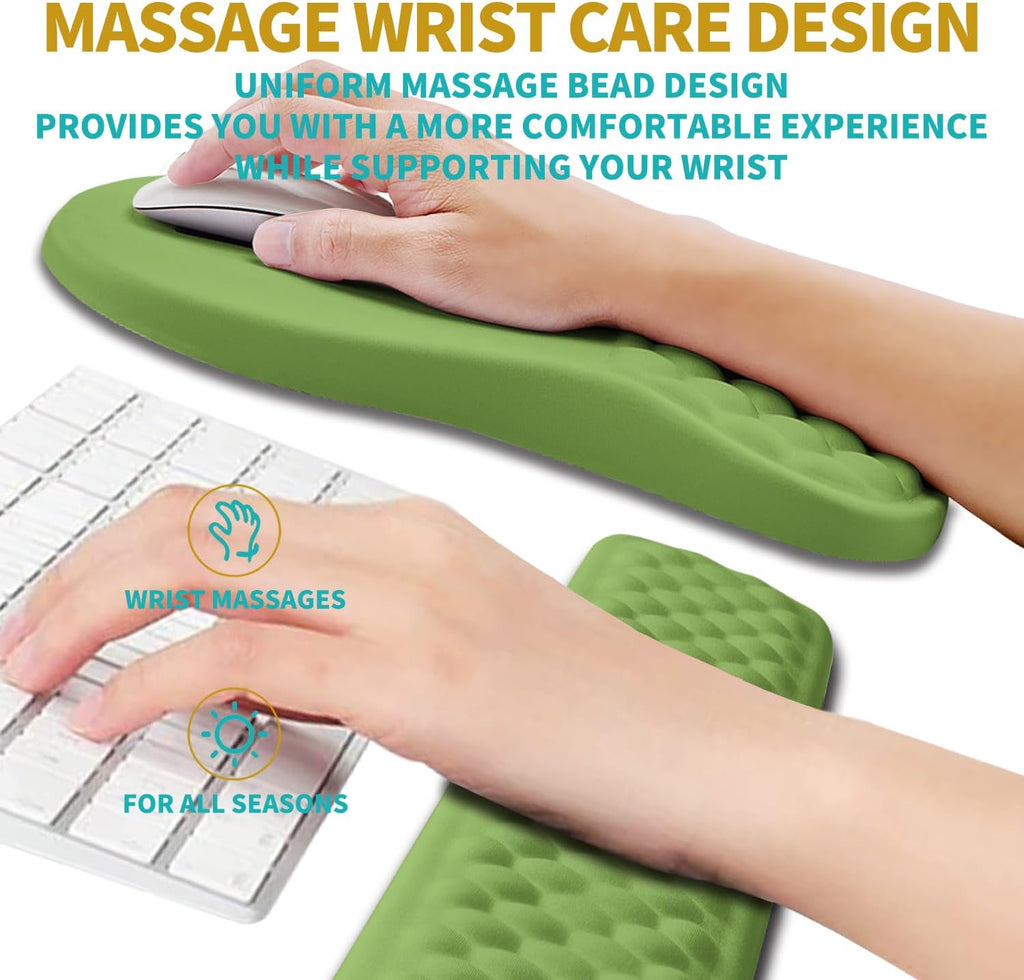 Hokafenle 2 in 1 Ergonomic Mouse Pad Wrist Support & Wrist Rest for Computer Keyboard Set, with Relieve Carpal Tunnel Pain Massage Bulge and Full Memory Gel Design (2In1 Set, Grass Green)