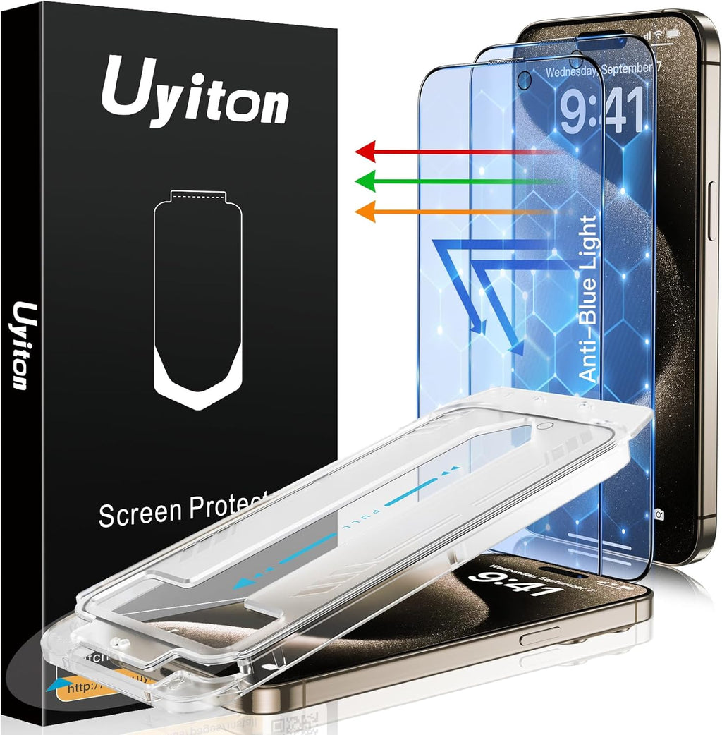 Uyiton Anti-Blue Light for iPhone 15 Pro Screen Protector - Unbreak-Glass Easy to Install Full Coverage Case Friendly Scratch Resistance 9H Tempered Glass Screen Protector for iPhone 15 Pro, 2 Pack