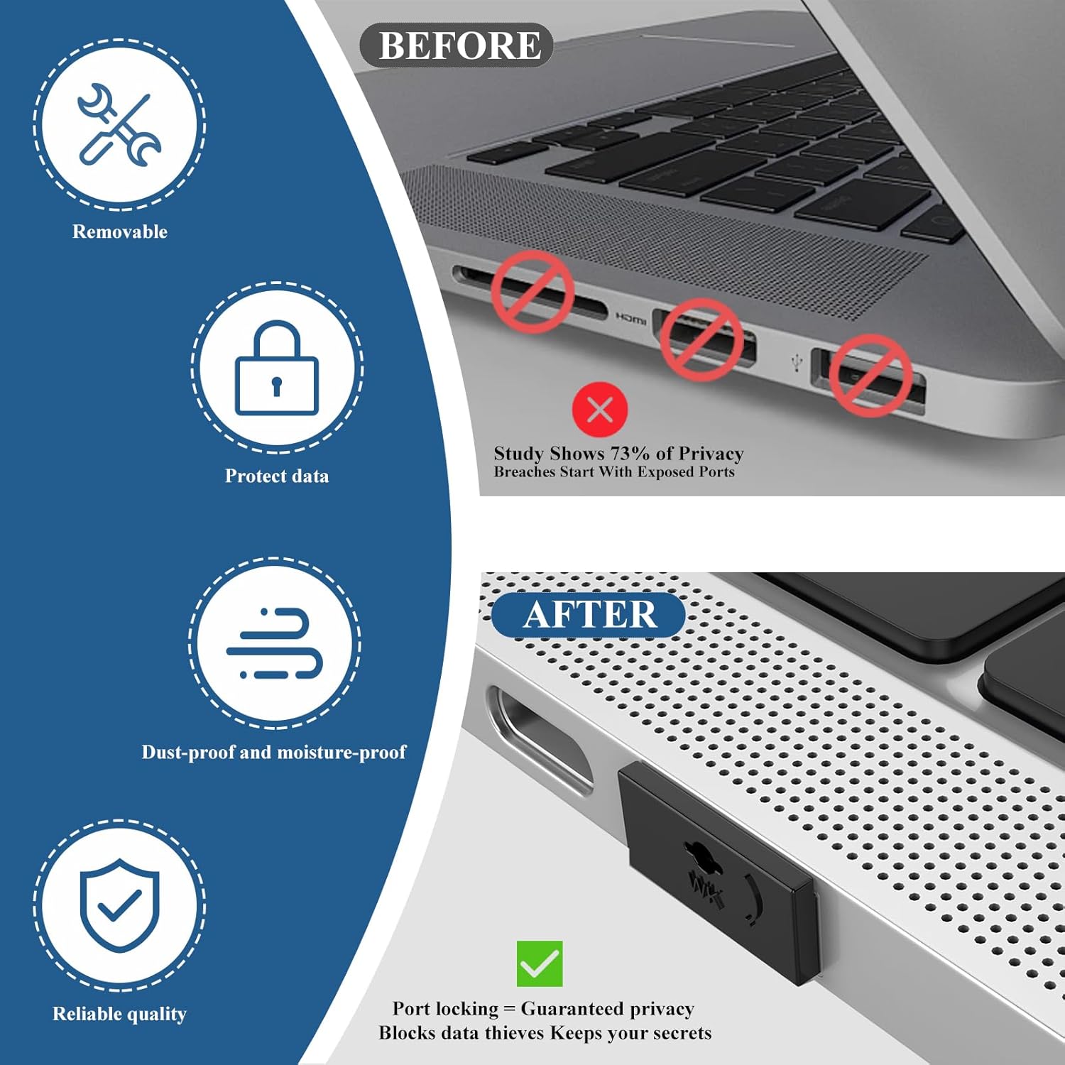 7 PCS USB Port Blockers with 1 Locks for PC, Laptop Removable Type-A Data Protection,Dust & Moisture Resistant Shield（Mixed Colors Packs Svailable for Port Sorting）