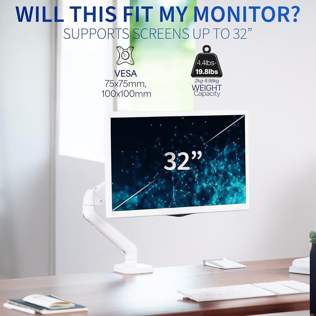 VIVO Single 17 to 32 inch Monitor Height Adjustable Counterbalance Mechanical Arm Desk Stand, Classic, Universal VESA Mount, White, STAND-V001OW
