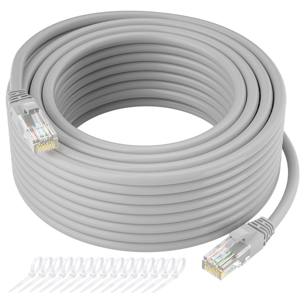 Cat5e Ethernet Cable 75 FT, Long Cat 5e Internet Cable, Grey Snagless Patch Cord, Flexible, Network, LAN, PoE, Standard RJ45 Connector for PC, Server, Router, Modem, TV, PS5 - with 15 Cable Ties
