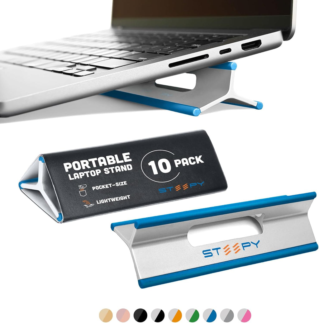 Steepy Low Profile Stand - 3 Heights Computer Riser - Lightweight Laptop Lift and Tilt Wedge - Plastic Angle Prop (Blue, 10 Pack)
