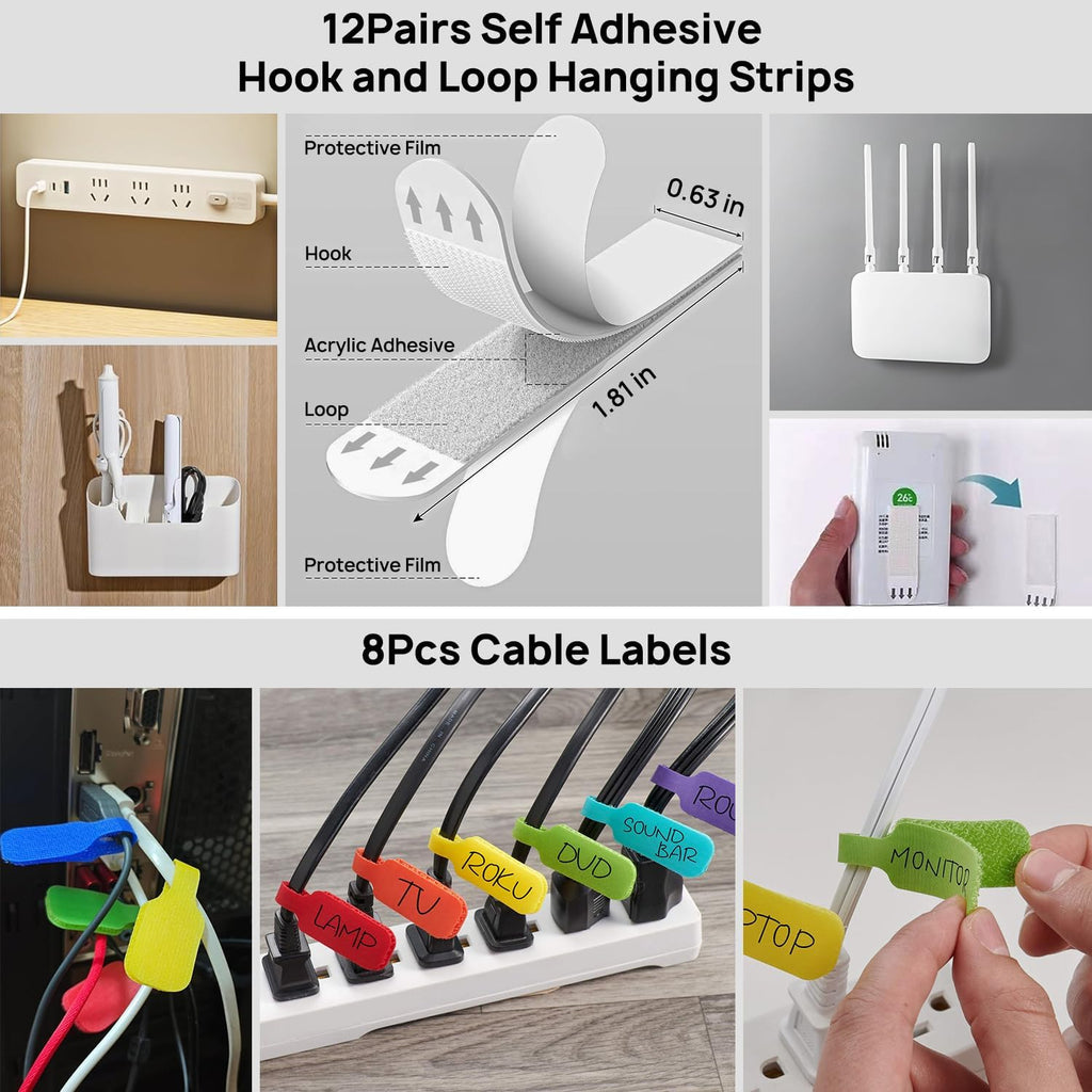 193 PCS Cable Management Kit - 4 Cable Sleeve, 57 Self Adhesive Cable Clips, 12 Hanging Strips, 12 Cable Organizer Straps and 100 Fastening Cable Ties for TV Computer Under Desk (Black)