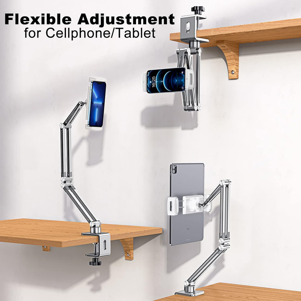 OATSBASF Phone and Tablet Holder Bed Gooseneck Mount, Aluminum Long Arm Foldable Lazy Stand, Universal 360 Degree Rotatable for iPhone, iPad, Tablet-Silver