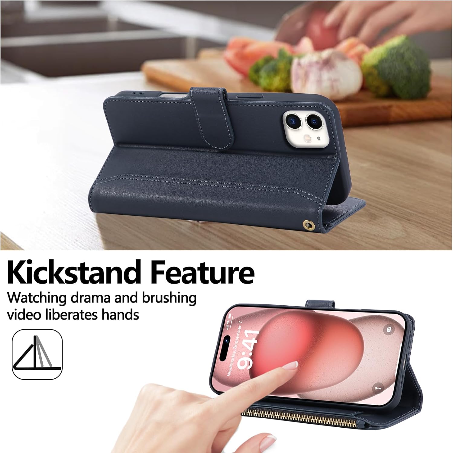 Compatible with iPhone 11 Wallet Phone Case-PU Leather Magnetic Flip Cover with Credit Card Slots,Zipper Pocket & Detachable Wrist Strap,Shockproof Design,for Women and Men-Navy Blue