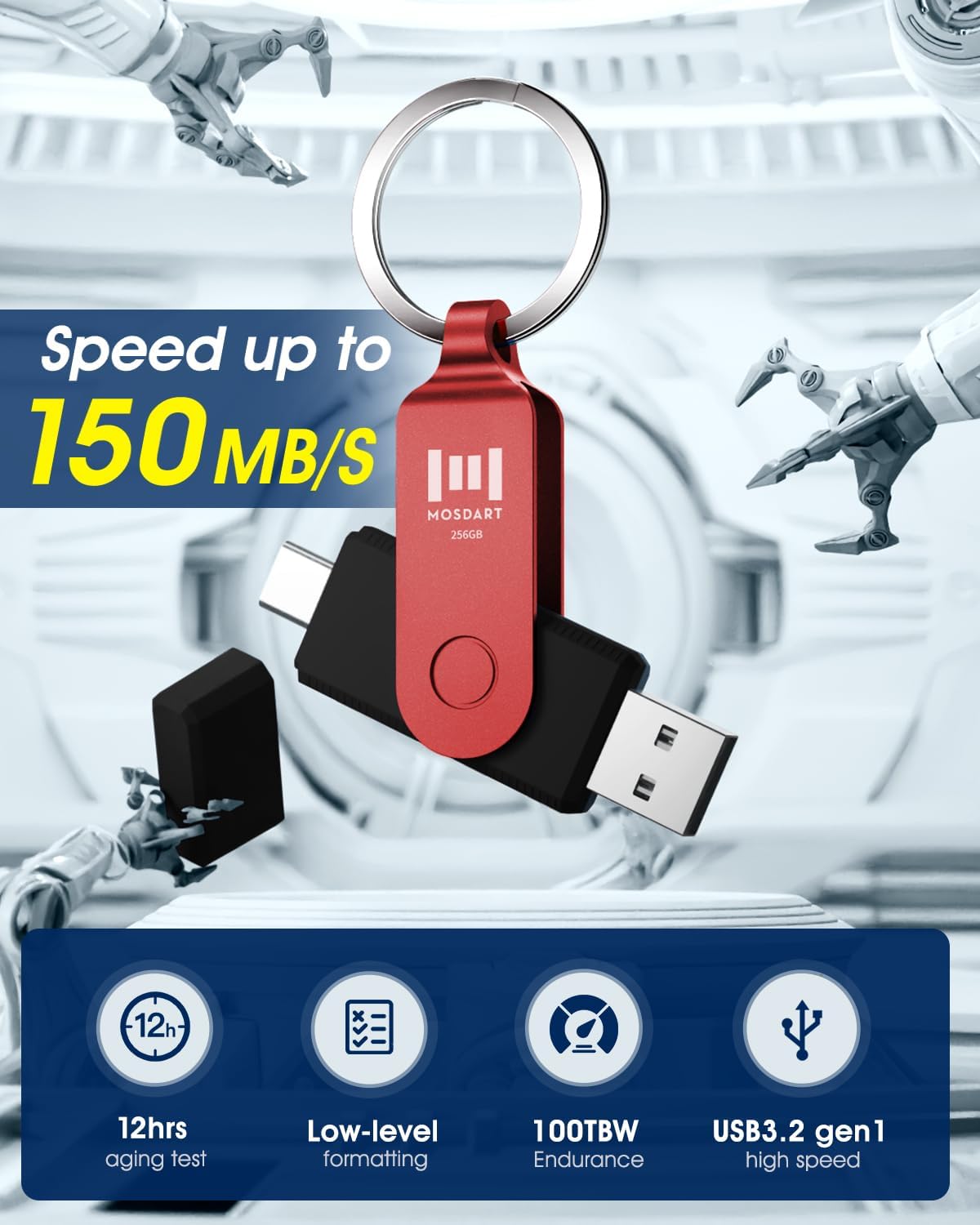 MOSDART 256GB USB3.1 Fast Speed C and A Dual Flash Drive, exFAT Memory Stick with Keychain and LED Indicator, for iPhone 15 and 16, Android Phone, iPad, MacBook, and Other Laptops, Red