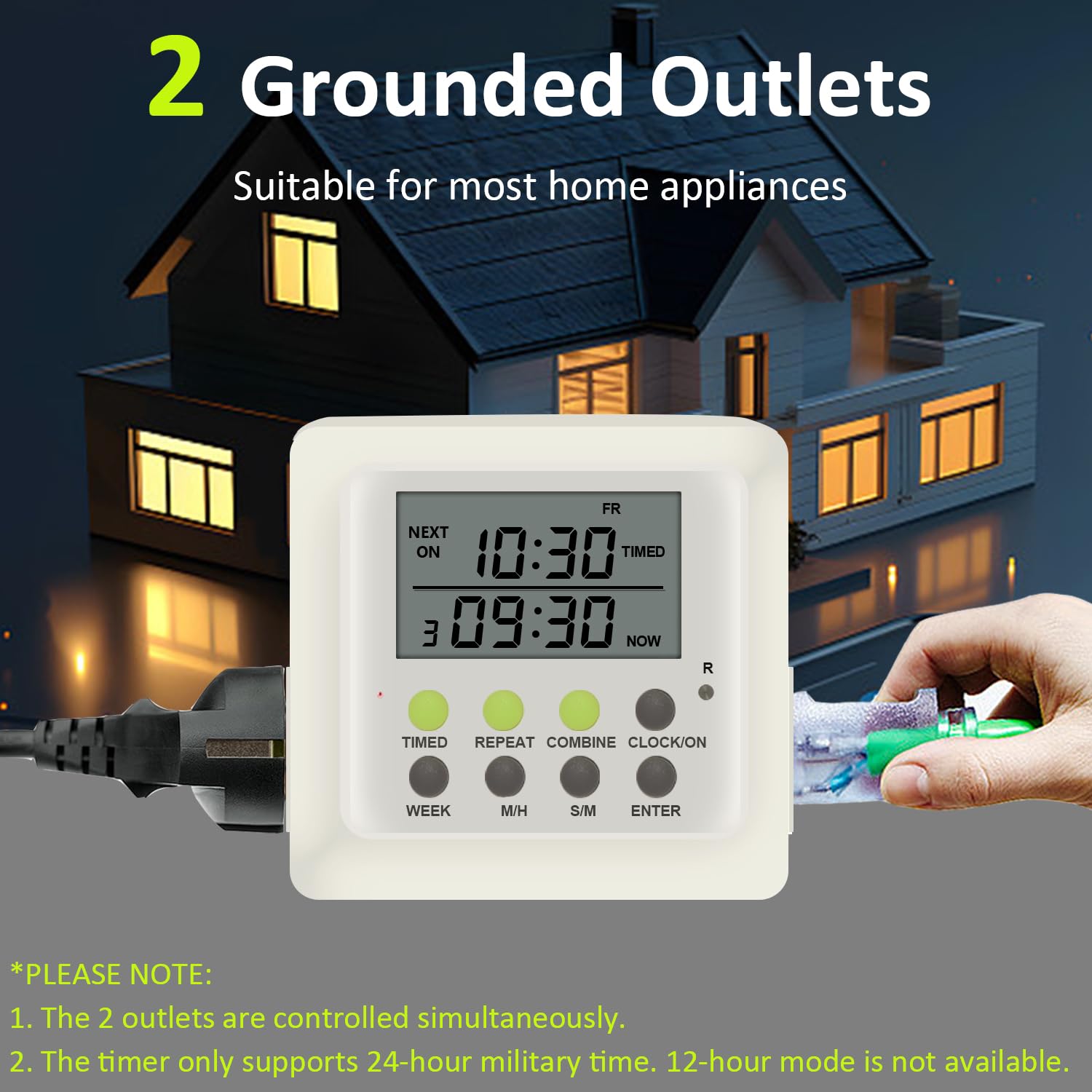 3-in-1 Dual Outlet Timer Plug with Interval Cycle for Indoor, 7 Day 24 Hour Programmable Digital Repeat Timer Switch(15A, 1875W)
