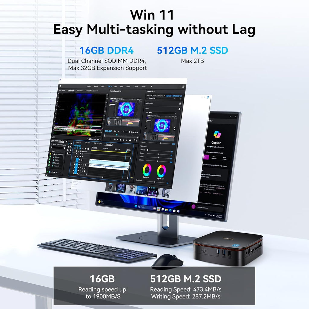 Blackview MP60 Mini PC 2025 with 13th Gen Intel N150(2-Year Coverage), 16GB RAM 512GB M.2 SSD Mini Computer, 4K UHD Dual HDMI, Win11 Pro, WiFi 5/Big Fan/LED Light, Mini Desktop PC for Home/Office/Edu