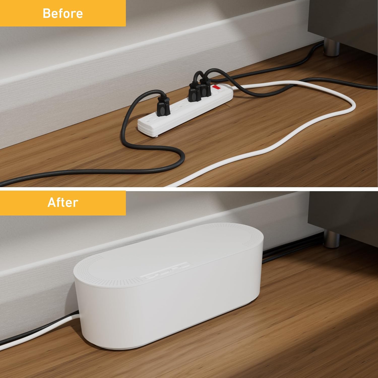 D-Line Cable Management Box, Power Strip Holder, Floor Outlet Hiders, Desk Cord Organizer, Cover TV Wires, Wire Storage, Extension Hider, Office Concealer for Cords, Baby Proof Cables - Large, White