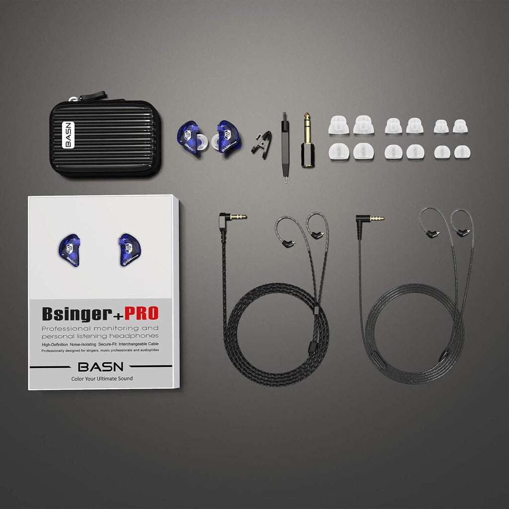 BASN Bsinger PRO in-Ear Monitors Hybrid Dynamic Dual Drivers Two Detachable MMCX Cables Musicians in-Ear Earbuds Headphones (Blue)