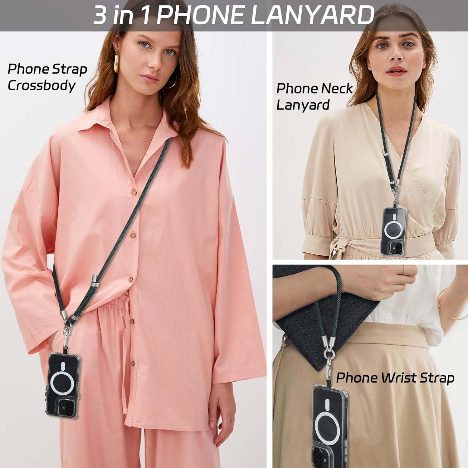 3-in-1 Adjustable Phone Lanyard Crossbody Cell Phone Neck Strap Universal Mobile Wrist Lanyard