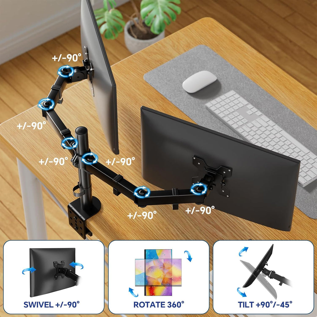 Simple Trending Dual Monitor Stand, Monitor Arm, Heavy Duty Adjustable Monitor Desk Mount for 2 Screens up to 27 Inches, Black