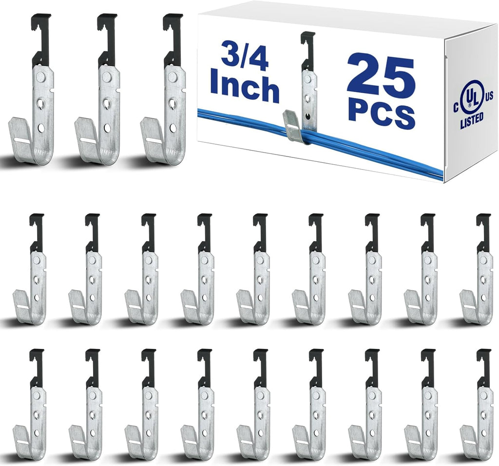 Zonon 25 Pcs J Hooks for Hanging Metal J Hook Hangers Cable Support with Bat Wing Heavy Duty G60 Galvanized Steel Cable Hooks for Attaching Ceiling Wire Threaded Rod, Ul Certification(3/4 Inch)