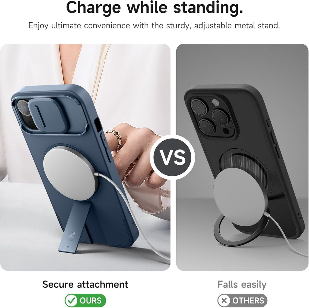 SURITCH for iPhone 15 Case with Magnetic Camera Slide Cover and Adjustable Kickstand, Compatible with MagSafe, Shockproof Bumper Case Slim Protective Cover 6.1 Inch, Blue