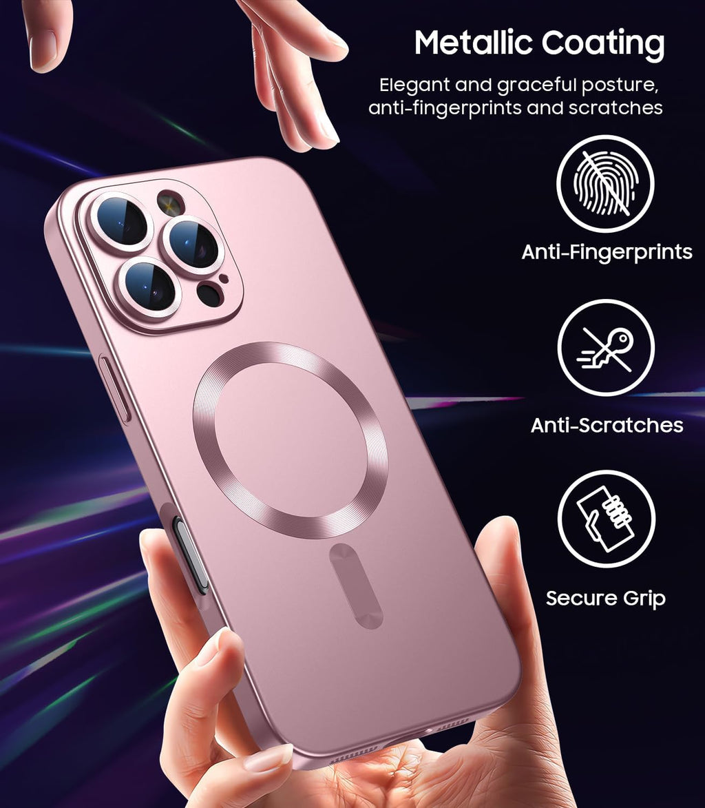 Magnetic for iPhone 16 Pro Max Case [Compatible with MagSafe][Built-in Camera Lens Protector] Slim Soft Silicone Bumper Shockproof Metallic Luster Phone Case (Rose Gold)