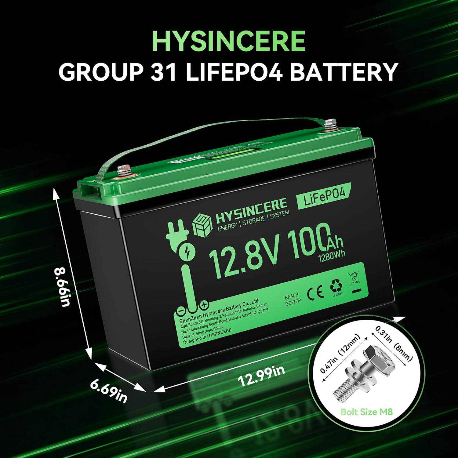 12V 100Ah LiFePO4 Battery BCI Group 31 Lithium Battery, Deep Cycle Battery with 100A BMS, 1280Wh Energy, Up to 15000 Cycles & 10-Year Lifespan for Trailer RV, Marine, Home Energy System