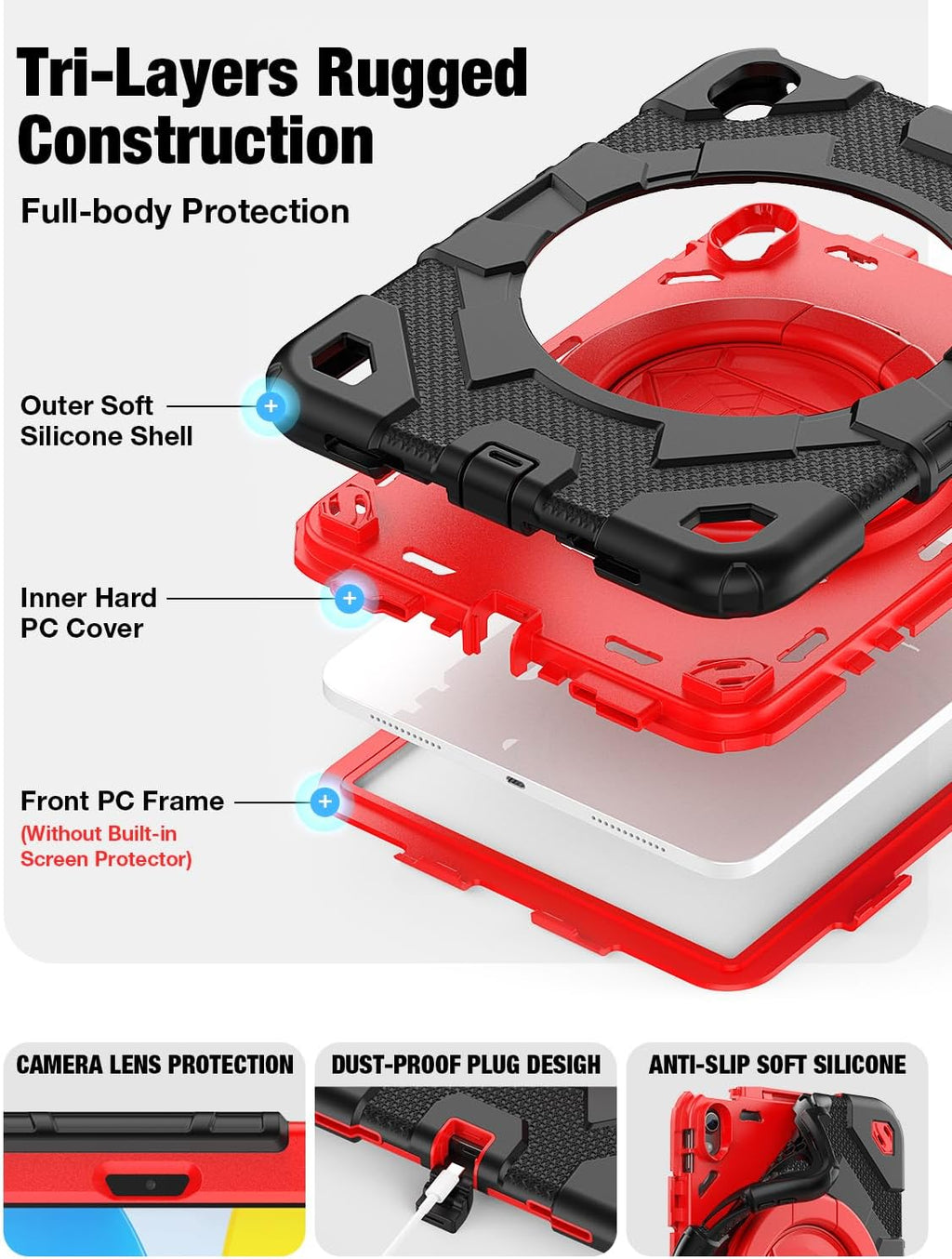SCSVPN for iPad (A16) 11th/10th Generation Case 11 inch 2025/10.9 inch 2022, Rugged Shockproof Protective Silicone Case for Kids with Pencil Holder, Rotate Stand & Handle, Shoulder Strap - Black/Red
