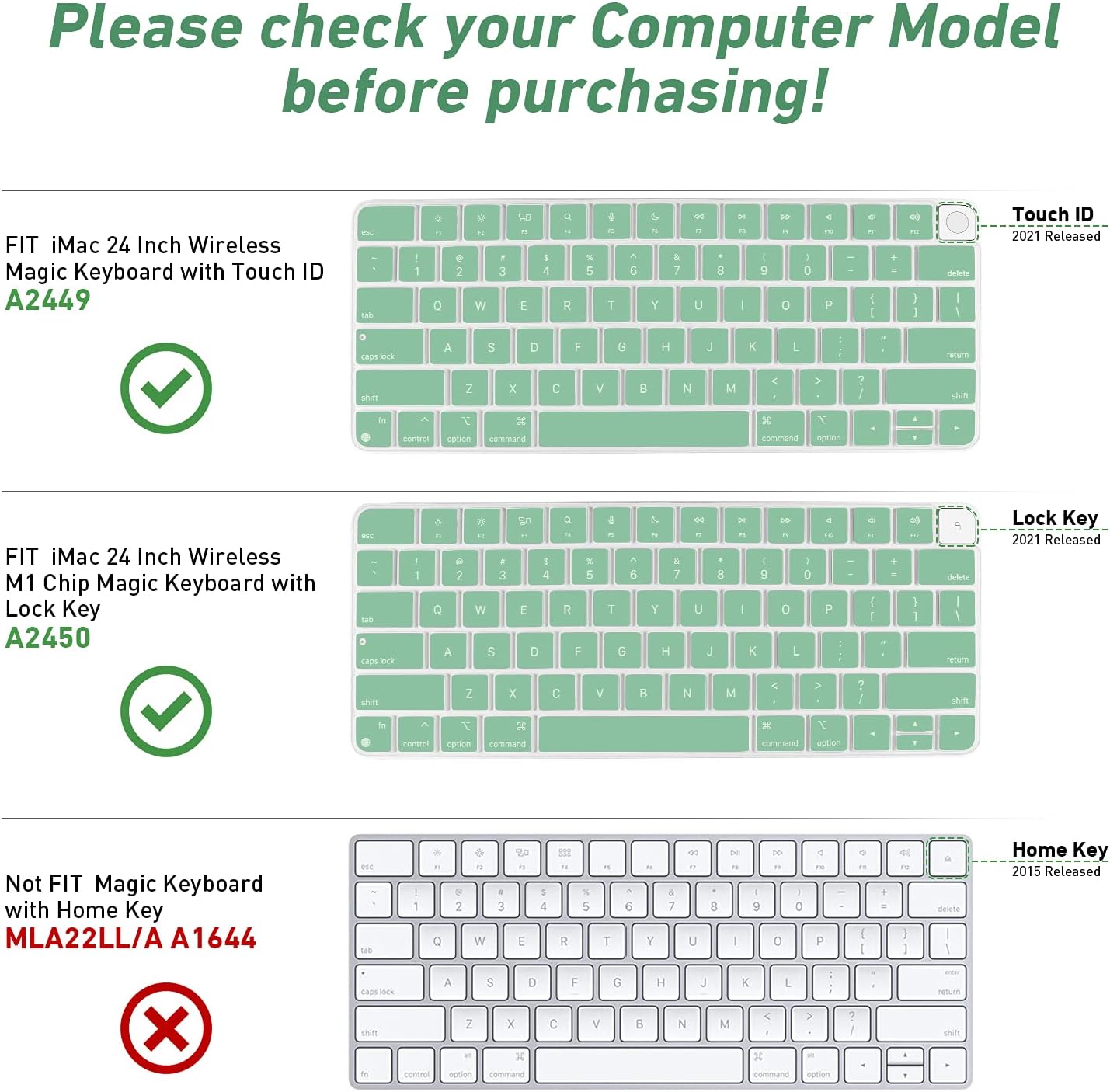 Allinside Silicone Keyboard Cover for iMac Magic Keyboard A2449/A2450, Protective Skin for iMac 24" Wireless Keyboard Released in 2021, US Layout, Light Green