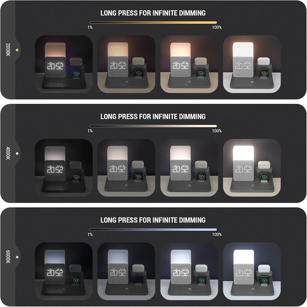 Wireless Charging Station, 3 in 1 Charging Station, Alarm Clock with Wireless Charger, Night Light, iPhone 12/13/14/15/16 Pro/13 Mini/13 Pro Max/12 pro, AirPods