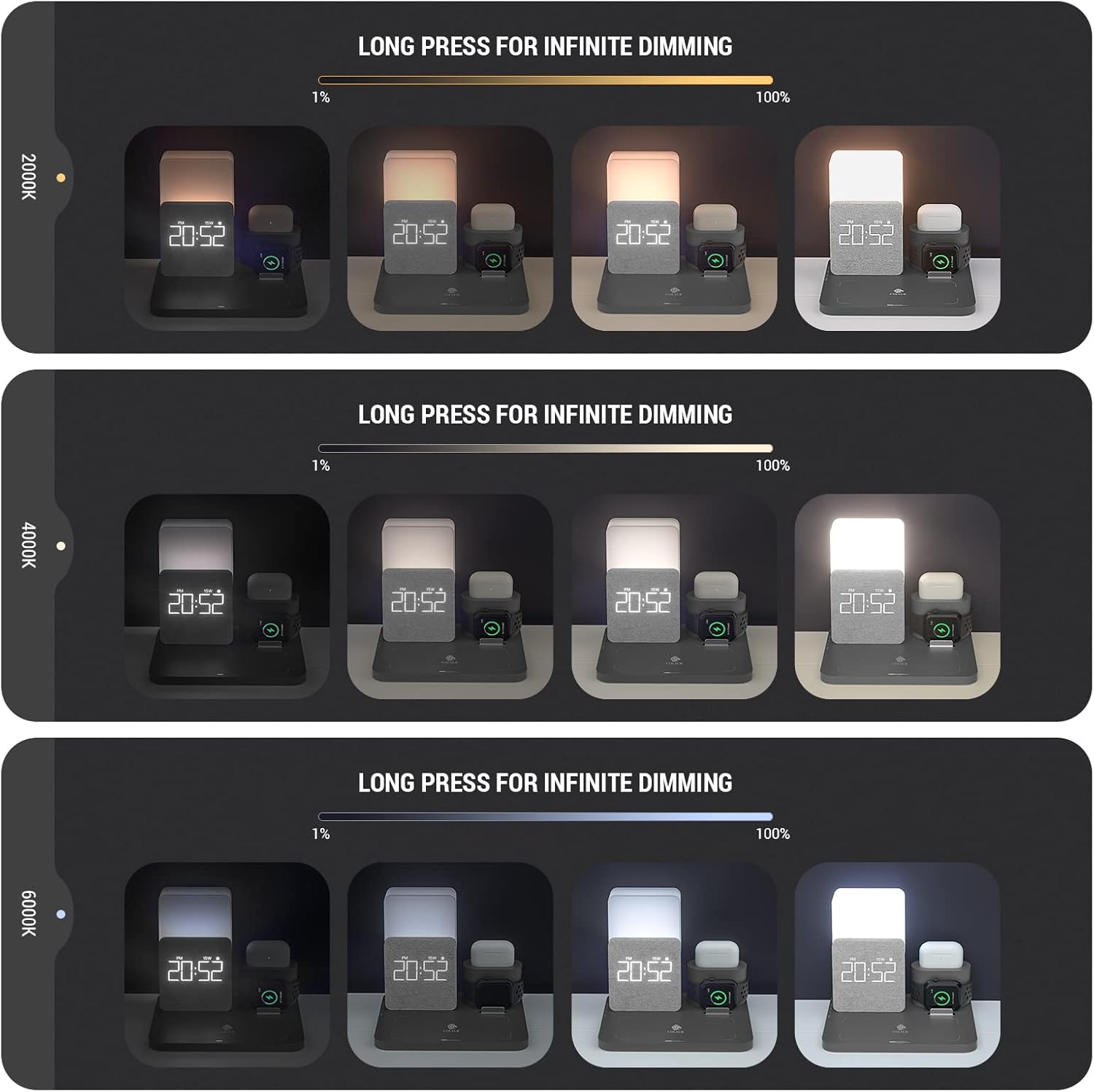 Wireless Charging Station, 3 in 1 Charging Station, Alarm Clock with Wireless Charger, Night Light, iPhone 12/13/14/15/16 Pro/13 Mini/13 Pro Max/12 pro, AirPods