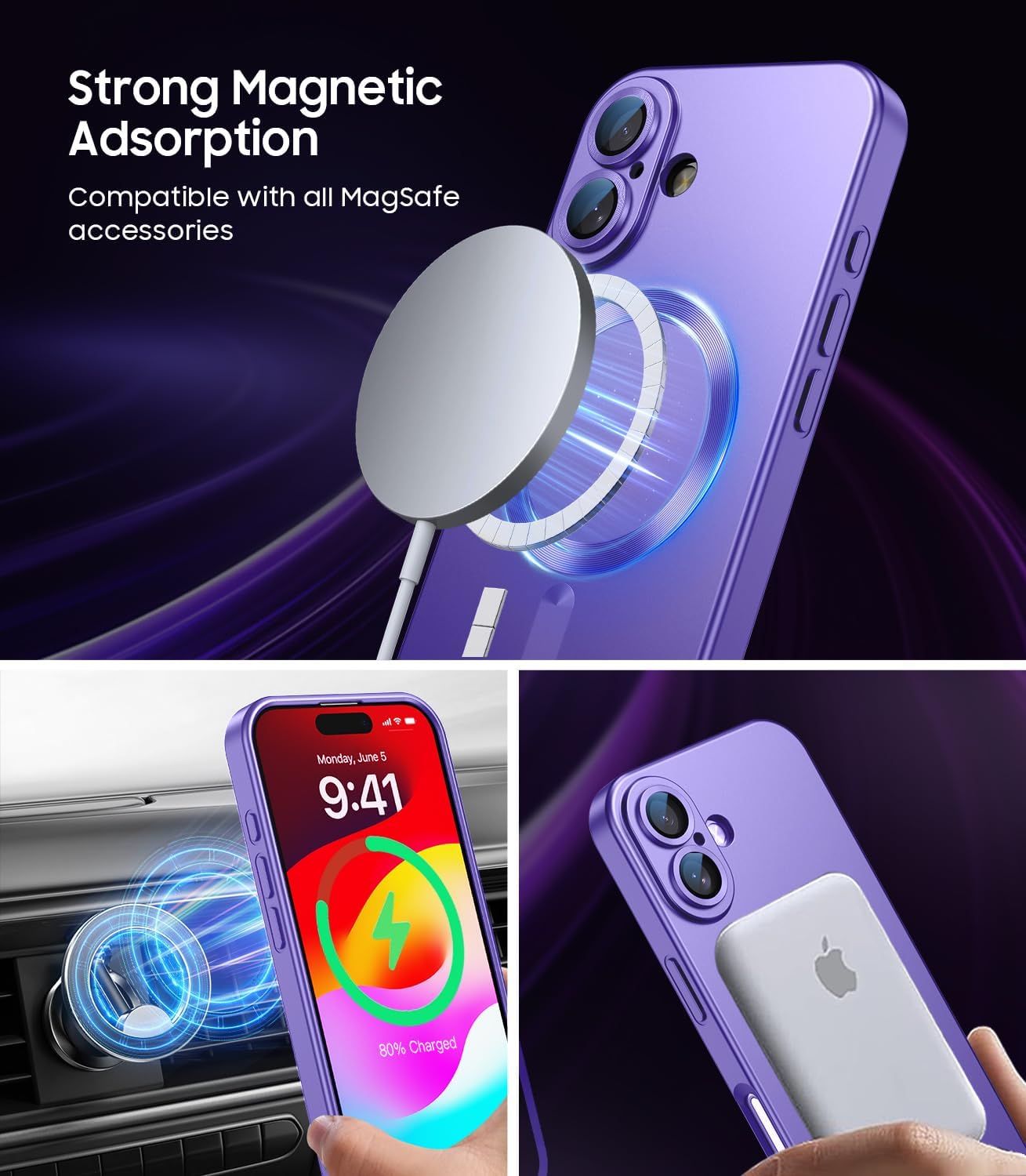 Magnetic for iPhone 16 Plus Case [Compatible with MagSafe][Built-in Camera Lens Protector] Slim Soft Silicone Bumper Shockproof Metallic Luster Phone Case (Purple)