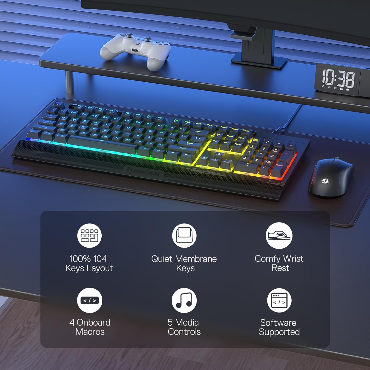 Redragon K525 RGB Backlit 104 Keys Wired Membrane Gaming Keyboard w/ 5 Multimedia Keys & 4 Extra On-Board Macro Keys, Dedicated Media Control, Ergonomic Wrist Rest, Linear Mechanical-Feel Switch