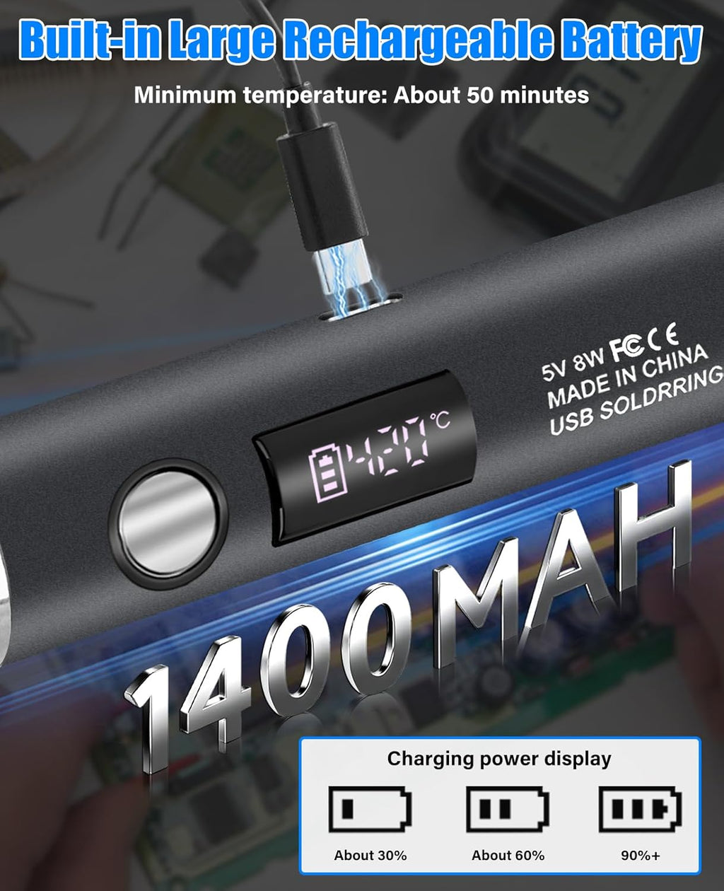 Cordless Soldering Iron Kit, 1400mAh Rechargeable Portable Cordless Soldering Iron, LCD Digital Adjustable Temperature Thermostatic Soldering Gun for Home Appliance Repair