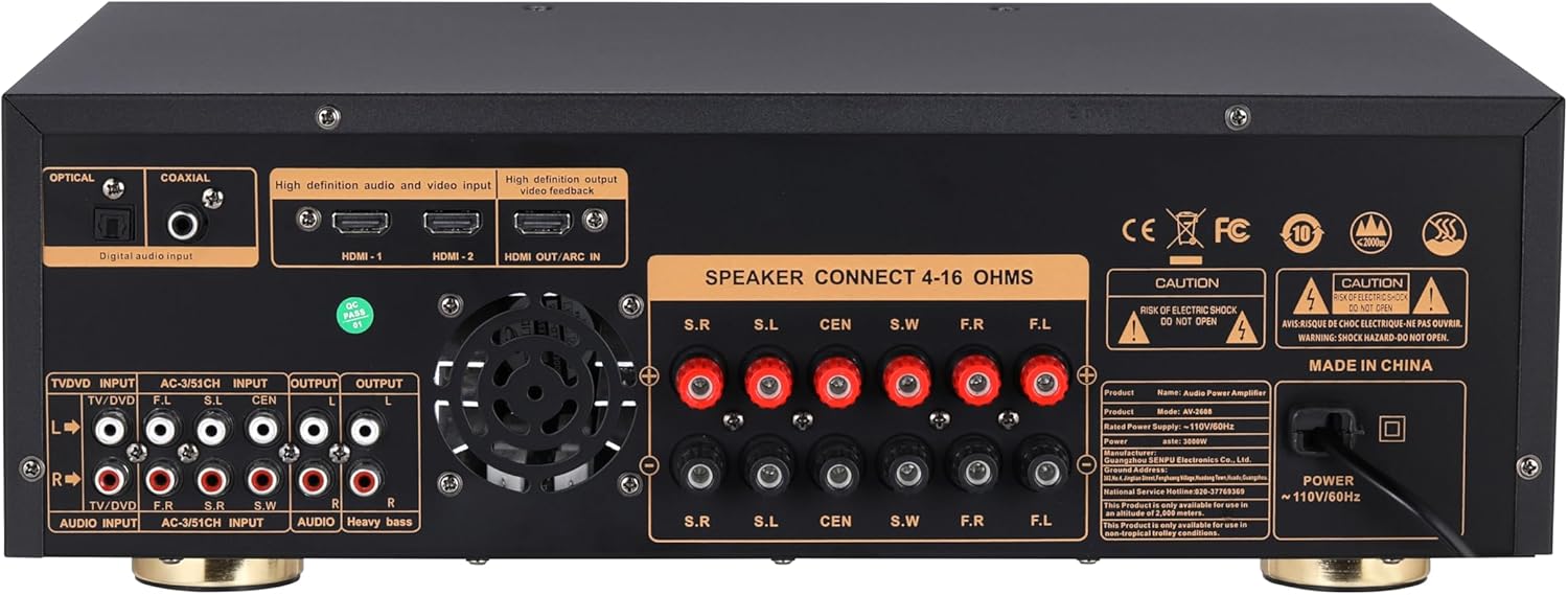 Stereo Receivers, 5.1 Channel Audio Amplifier with Bluetooth,8K Ultra HD, Optical/Coaxial USB, Subwoofer Output & Wireless Mics, Home Theater Amplifier System, for Theater Speakers