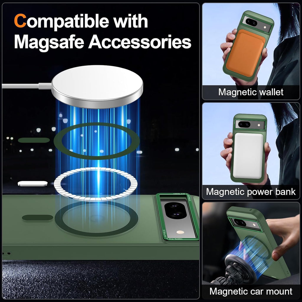 Magnetic for Google Pixel 8a Case, [Military Grade Drop Protection] [Compatible with MagSafe] Shockproof Slim Translucent Matte Anti-Slip for Women Girls Men Case, Forest Green