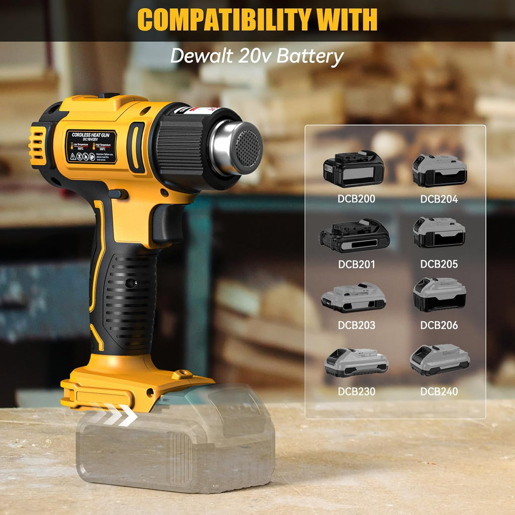 LIVOWALNY Cordless Heat Gun Compatible with Dewalt 20v Battery, 350W Fast Heating Soldering Hot Air Gun 122℉-1022℉ Variable Temperature Control with 5 Nozzles for DIY Craft, Shrink Tubing (No Battery)