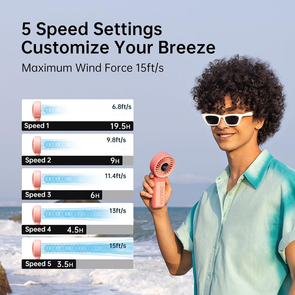 JISULIFE Handheld Fan Life7 – Ultimate Flexibility: High-Power Motor, LED Display, 19.5 Hrs Cooling, 5000mAh Rechargeable, 5-Speed, Foldable Design, 3-IN-1 Portable Fan for Travel Cruise Beach(Pink)