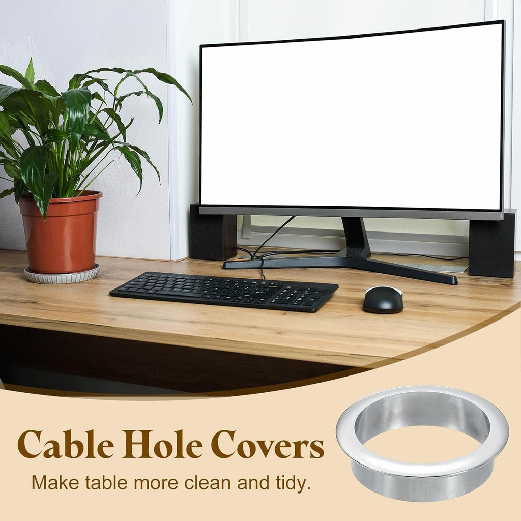 uxcell Desk Grommet, 2-3/8" (60mm) Zinc Alloy Cable Hole Cover Wire Cord Organizer with Marked Cable Ties for Home Office Desktop Wire, Silver Tone
