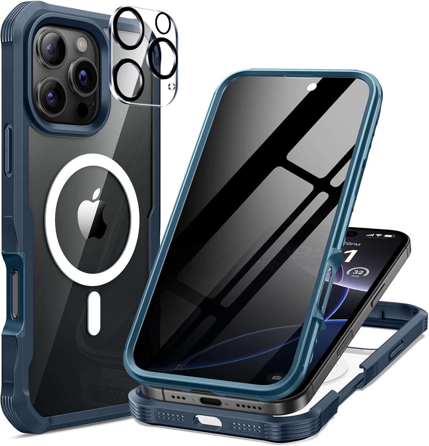 seacosmo for iPhone 16 Pro Case, Full Body Bumper with Built-in 9H Tempered Glass Privacy Screen Protector and Camera Lens Protector, Compatible with MagSafe, Shockproof Phone Cover, 6.3", Blue