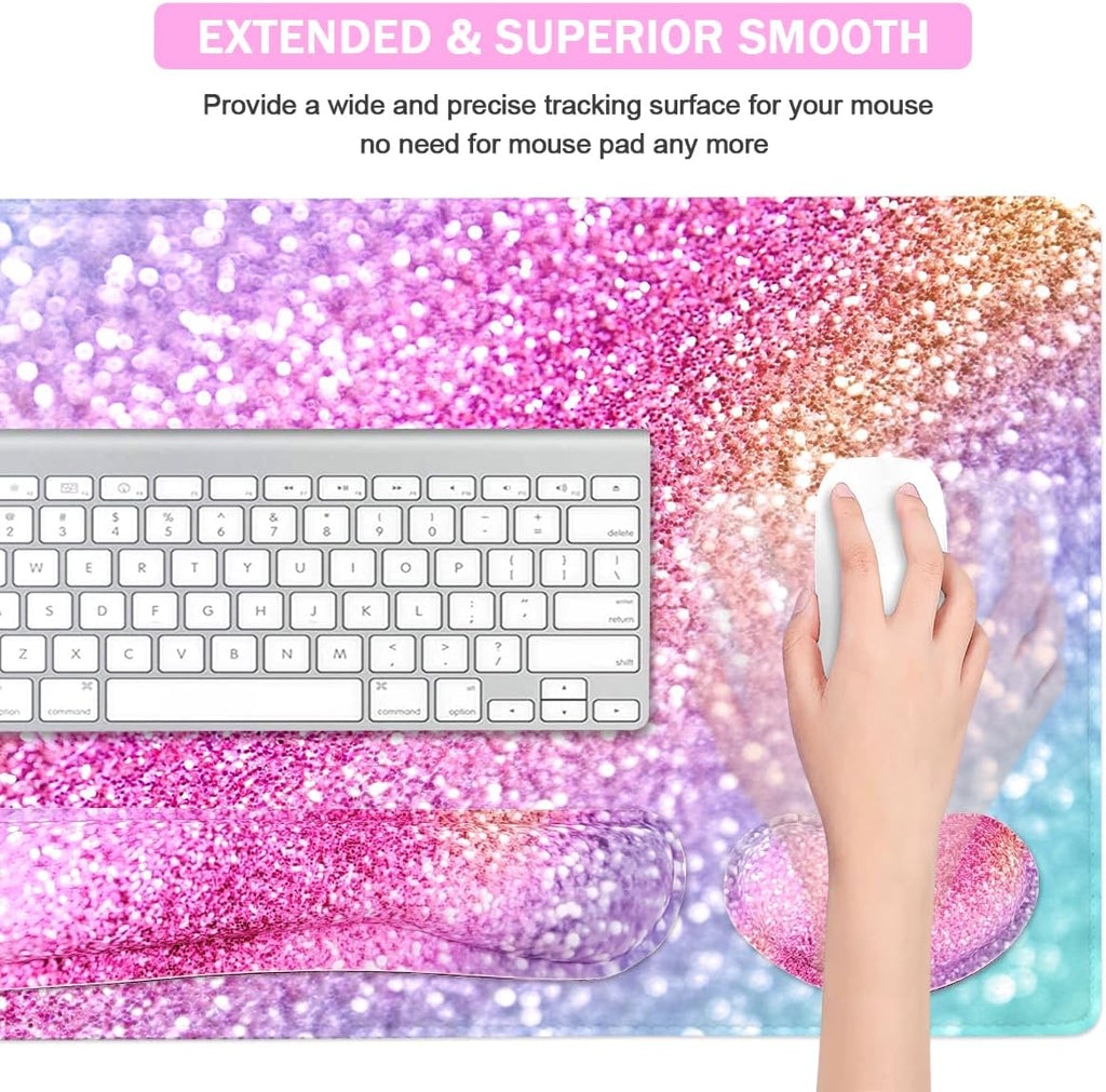 Large Keyboard Mouse Pad Set, Extended Mouse Pad+Keyboard Wrist Rest Support, Memory Foam Ergonomic Easy Typing, 4Pcs (35.4×15.9 in) Desk Pad Set for Home Office Study Game - Colorful
