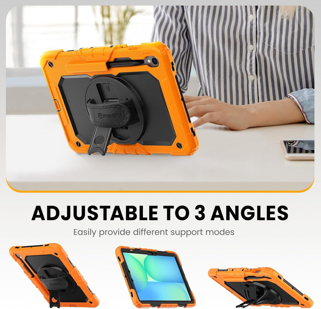 Timecity Case for Samsung Galaxy Tab S10 FE/ S9 FE 5G 10.9 Inch/ S9 11 Inch - Heavy Duty Protective Cover with Screen Protector, Rotating Stand, Shoulder Strap & S Pen Holder | Kids-Friendly, Orange