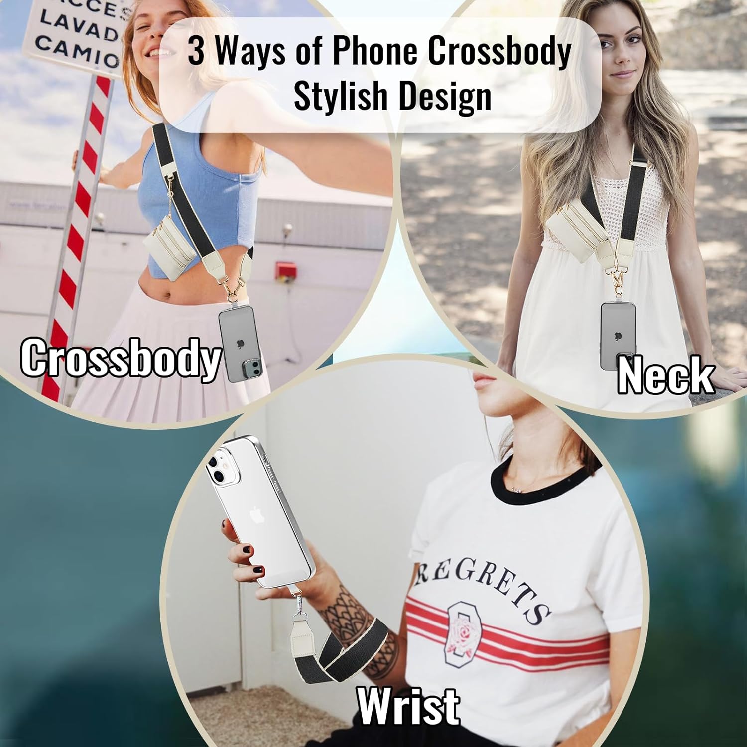 Clip and Go Strap for Phone with Wallet Crossbody iPhone Strap Lanyard for Women with Pouch Purse CellPhone Stand Holder 2 Patches Tether Adjustable Anti Theft Chain for All Phones Beige