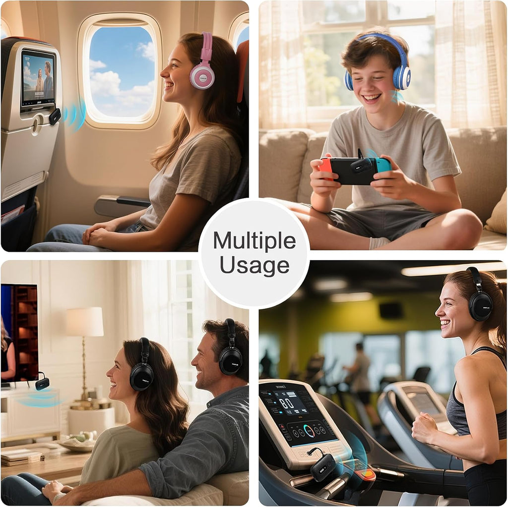 SIMOLIO Airplane-Bluetooth-Adapter for AirPods/Headphones, 20 Hr Battery, Supports 2 Earbuds/Wireless Headphones, 3.5mm AUX Wireless Audio Transmitter for TV, Gym Equipment, Controller, MP3 Player