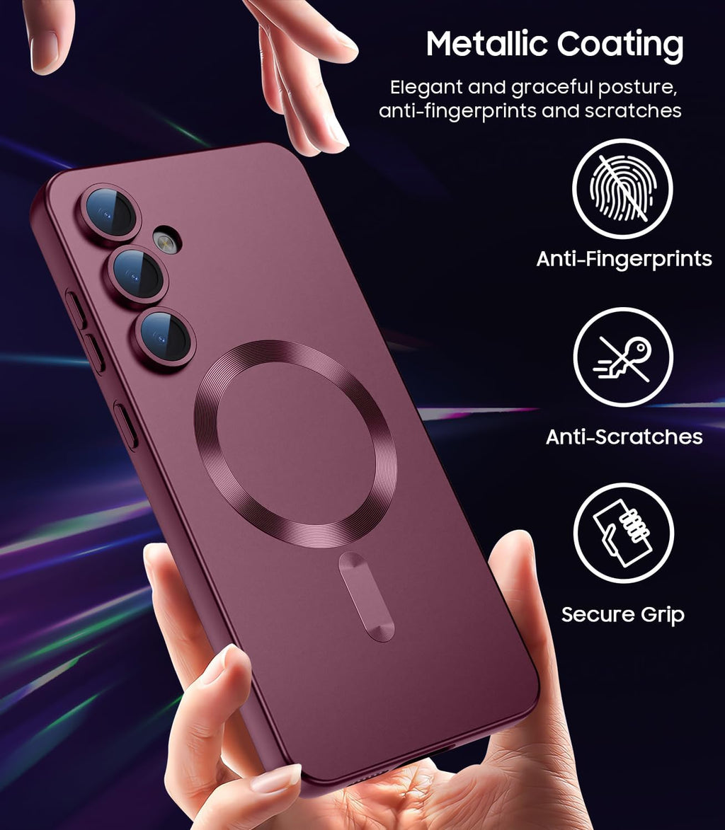 Magnetic for Samsung Galaxy S24 Plus Case [Compatible with MagSafe][Built-in Camera Lens Protector] Slim Soft Silicone Bumper Shockproof Metallic Luster Phone Case (Burgundy)
