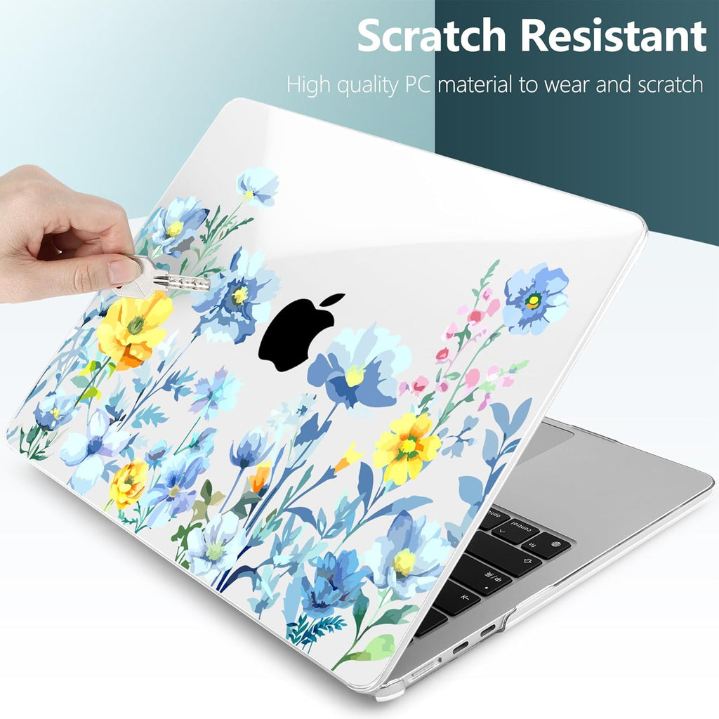 TWOLSKOO Compatible with M4 MacBook Air 13.6 inch Case 2025-2022 Release M4 A3240 M3 A3113 M2 A2681, Plastic Hard Shell & Keyboard Cover & Type C Adapter & Screen Protector, Blue Flowers