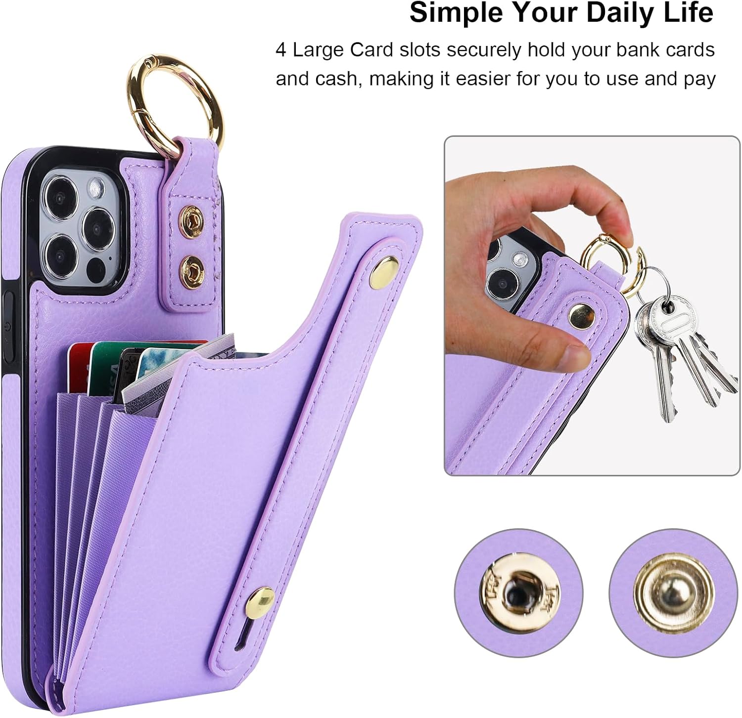Folosu for iPhone 12/12 Pro Wallet Case with Card Holder, Hand Wrist Strap Loop Holder Kickstand, RFID Blocking Finger Grip Ring PU Leather Double Buttons Shockproof Cover 6.1" Purple