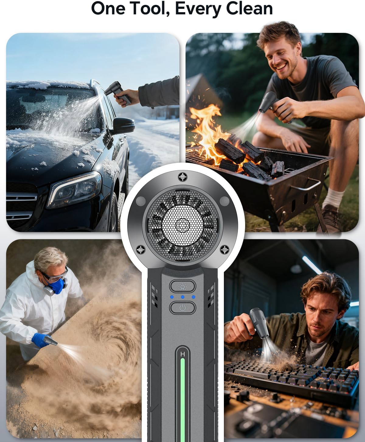 Compressed Air Duster, 300000RPM Powerful Electric Air Duster Rechargeable with LED Light and Brushless Motor, 4-Gear Cordless Mini Air Blower for Keyboard, Computers, Car, Outdoors (Silver Gray)