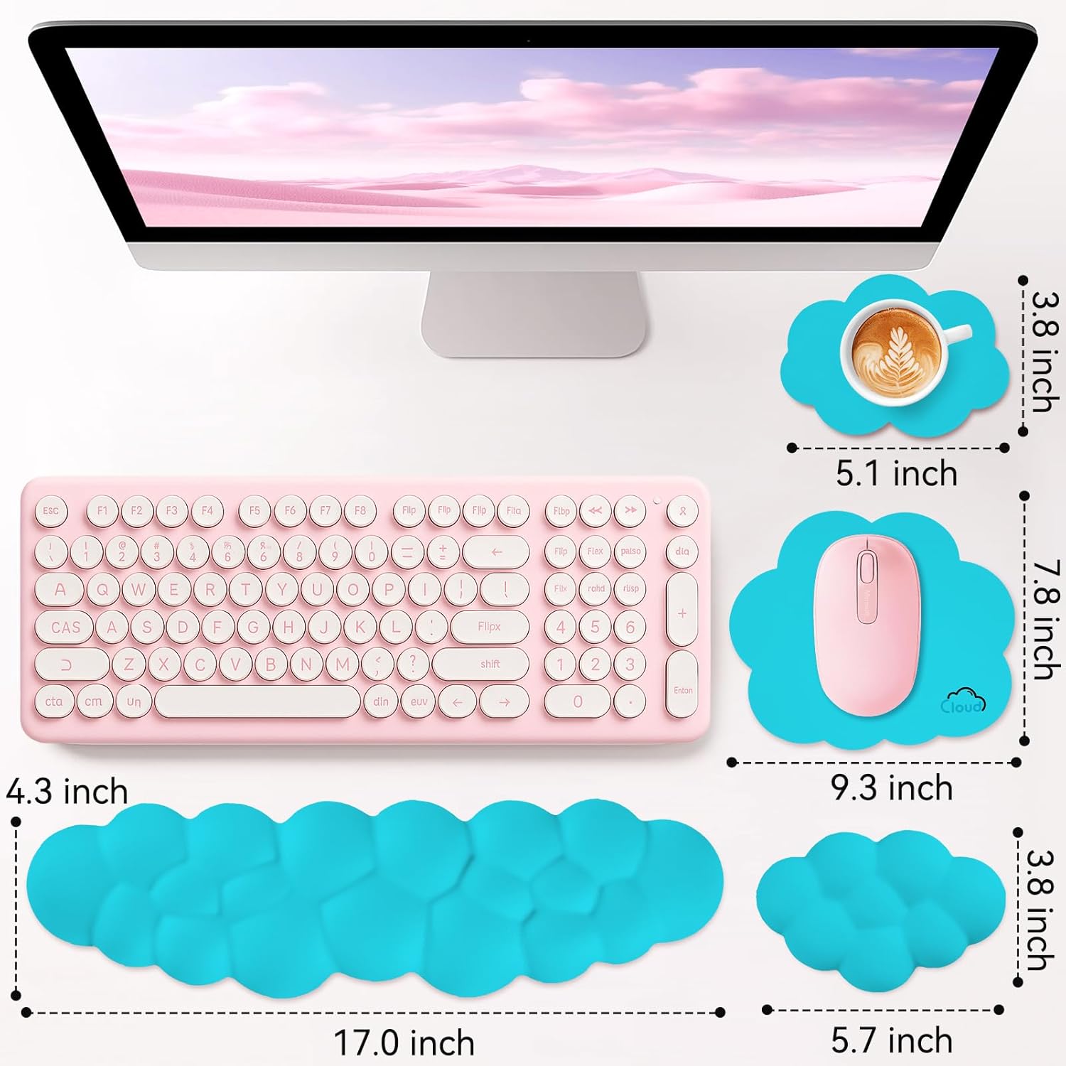 Cloud Wrist Rest for Computer Keyboard, 4-in-1 Memory Foam Leather Cloud Keyboard Wrist Rest and Mouse Pad Set with Ergonomic Support for Arm and Palm Cushion, Gaming/Work Setup, Scuba Blue
