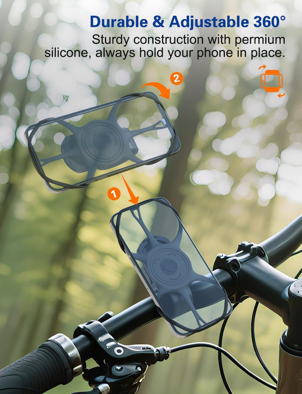 Bike Phone Holder, Motorcycle Cell Phone Mount- 360° Rotatable, Silicone Bicycle Phone Mount for Motorcycle Bicycle Scooter, for 15 Pro Max / 14/13, S10 and More 4.7-6.8" Phone